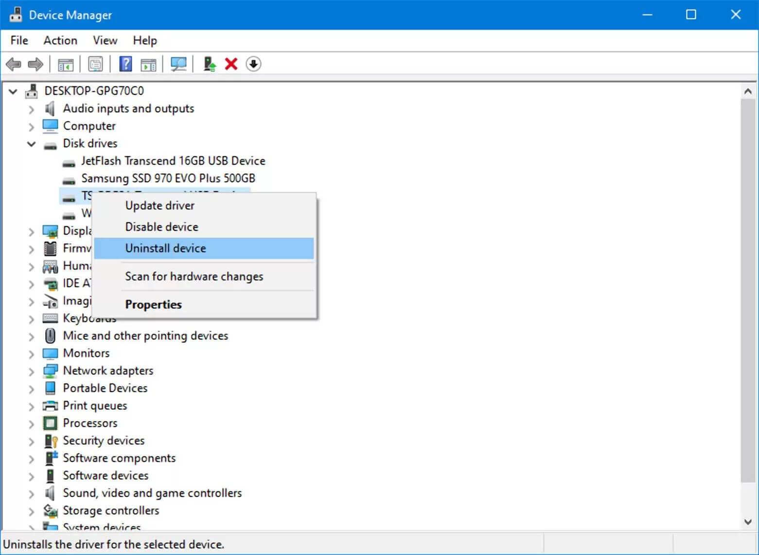 Uninstall SD card in Device Manager