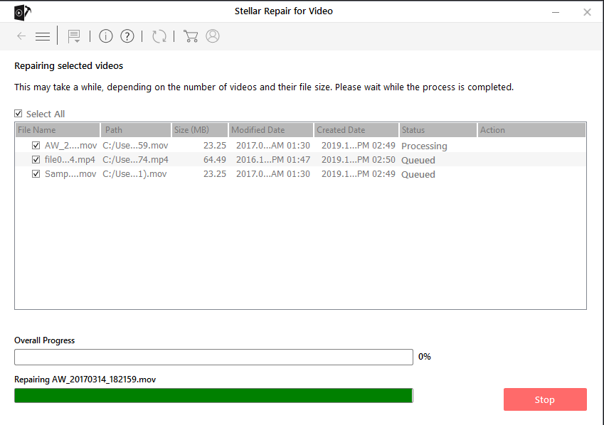 Stellar Repair for Video - Repairing Selected Videos Process